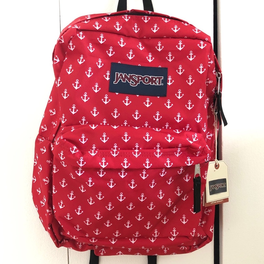 Jansport Superbreak Backpack, Smooth Sailing Red & White Anchor Ocean Style